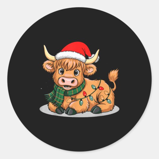 Scottish Highland Cow Christmas Lights Xmas Party Runder Aufkleber (Vorderseite)
