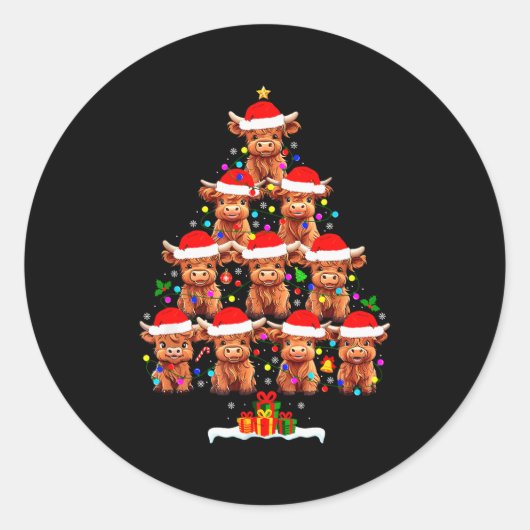 Scottish Highland Cow Christmas Tree Lights Xmas P Runder Aufkleber (Vorderseite)