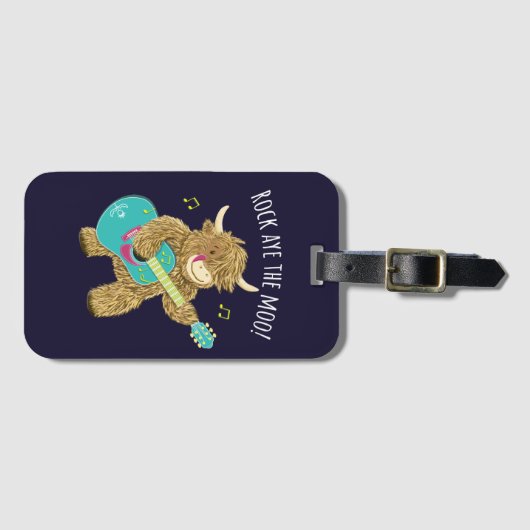 Scottish Highland Cow Gitarrist Rock Aye The Moo!  Gepäckanhänger (Vorderseite (Horizontal))