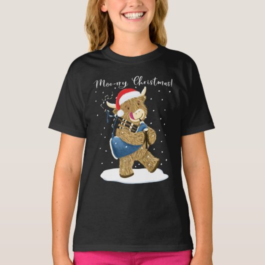 Scottish Highland Cow Plays Christmas Bagpipe T-Shirt (Vorderseite)