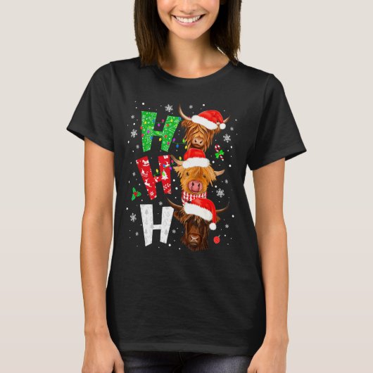Scottish Highland Cow Print Ho Ho Ho Christmas Paj T-Shirt (Vorderseite)