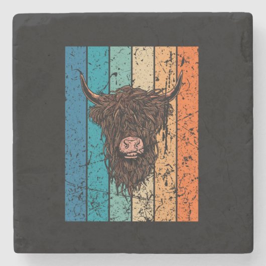 Scottish Highland Cow Retro Steinuntersetzer (Vorderseite)