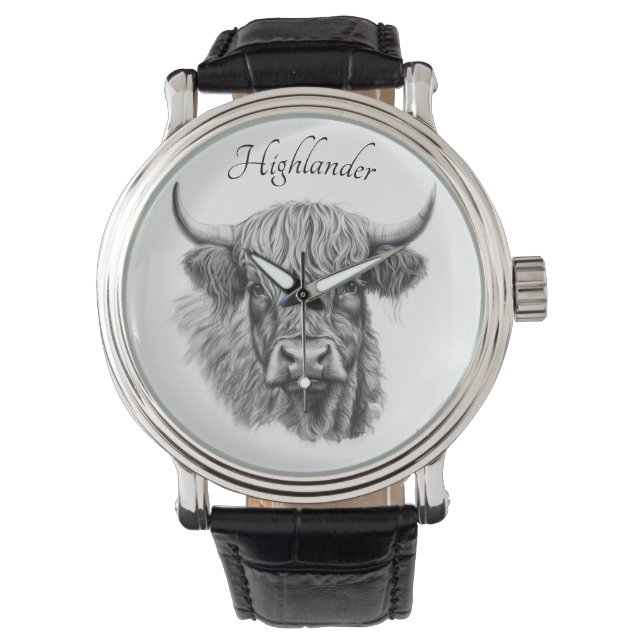 Scottish Highland Cow Sketch anpassbar Armbanduhr (Vorderseite)