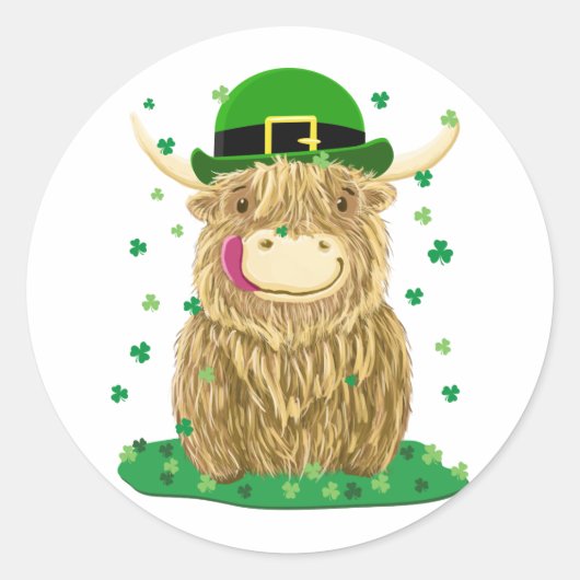 Scottish Highland Cow St Patrick's Day Kleeblatts Runder Aufkleber (Vorderseite)