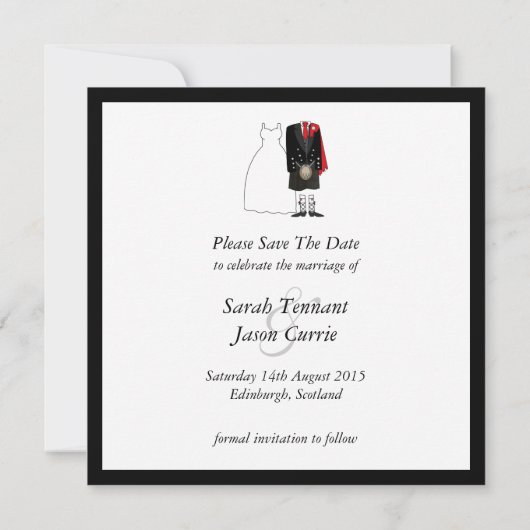Scottish Kilt Bride & Groom Save the Date - rot (Rückseite)