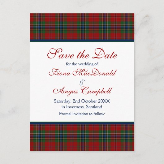 Scottish McLean MacLean Tartan Wedding Rette ein D Ankündigungspostkarte (Vorderseite)