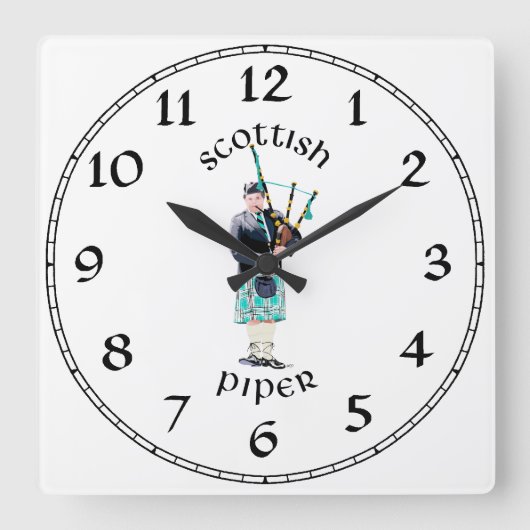 Scottish Piper - Türkis Kariert Quadratische Wanduhr (Vorderseite)
