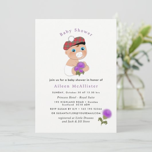 Scottish Tartan |Blume Niedlich Babydusche Einladung (Stehend Vorderseite)