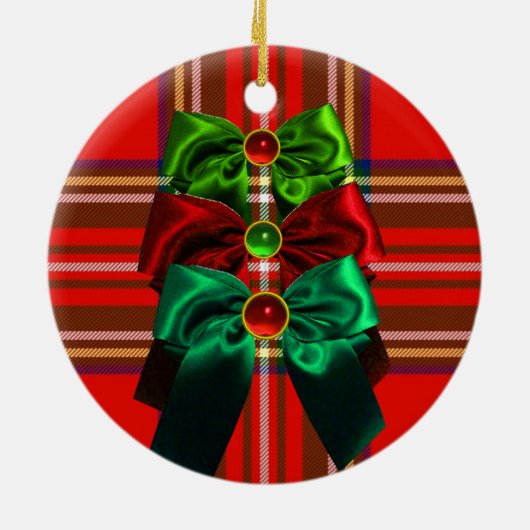 SCOTTISH TARTAN MIT ROTEN GRÜNEN CHRISTMAS BOWS KERAMIKORNAMENT (Hinten)