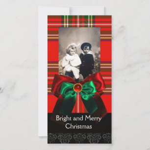 SCOTTISH TARTAN, RED GREEN BOWS XMAS FOTOVORLAGE FEIERTAGSKARTE