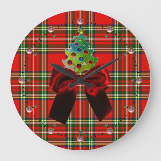 SCOTTISH TARTAN, ROT BOW UND CHRISTMAS BAUM GROßE WANDUHR (Vorderseite)