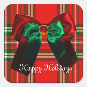SCOTTISH TARTAN UND RED GREEN BOWS CHRISTMAS PARTY QUADRATISCHER AUFKLEBER
