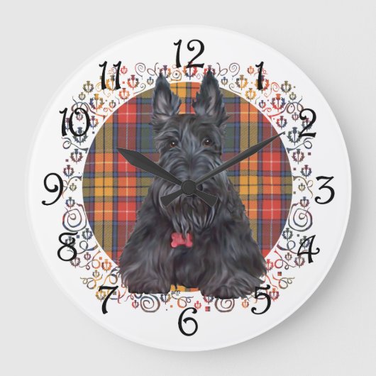 Scottish Terrier auf Tartan Große Wanduhr (Vorderseite)