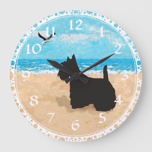 Scottish Terrier Beach Clock Große Wanduhr (Vorderseite)