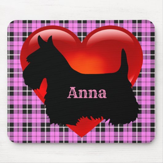 Scottish Terrier Black Silhouette, rosa kariert Mousepad (Vorne)