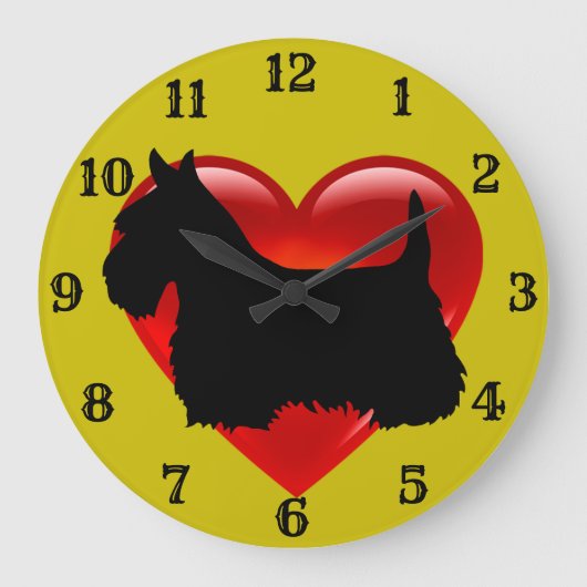Scottish Terrier Black Silhouette Rotes Herz/Gold Große Wanduhr (Vorderseite)