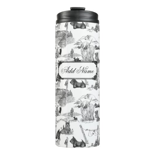 SCOTTISH Terrier Black Toile mit Individuelle Name Thermosbecher (Vorderseite)