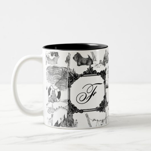 SCOTTISH Terrier Black Toile mit Monogramm Zweifarbige Tasse (Links)