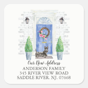 Scottish Terrier Blue Door New Address Label Quadratischer Aufkleber
