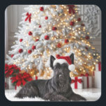 Scottish Terrier By Christmas Tree Quadratischer Aufkleber<br><div class="desc">Ein schottischer Terrier-Hund mit einer Weihnachtsmannmütze-Erholung auf einem flauschigen weißen Teppich vor einem wunderschön dekorierten Weihnachtsbaum mit Lichtern und roten Ornamenten</div>