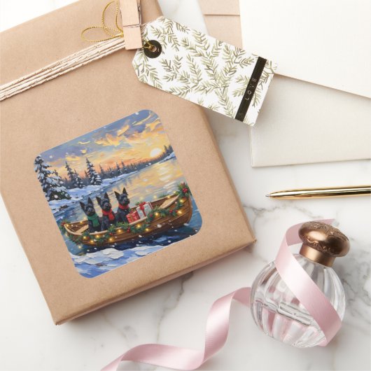 Scottish Terrier Christmas Boat Holiday Quadratischer Aufkleber (Schenken)