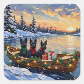 Scottish Terrier Christmas Boat Holiday Quadratischer Aufkleber (Vorderseite)