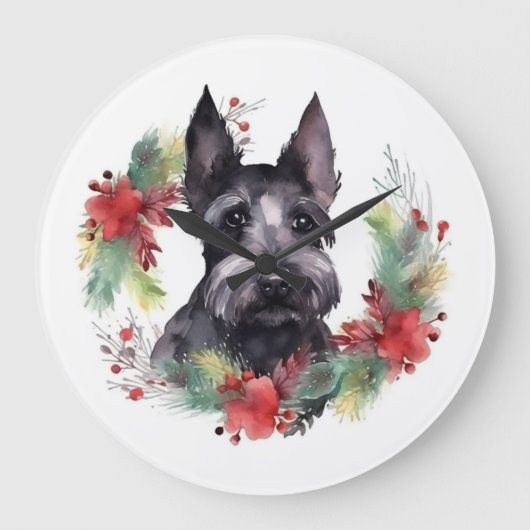 Scottish Terrier Christmas Wreath Festive Pup Große Wanduhr (Vorderseite)