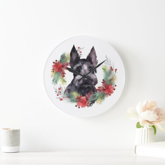Scottish Terrier Christmas Wreath Festive Pup Große Wanduhr (Zuhause)