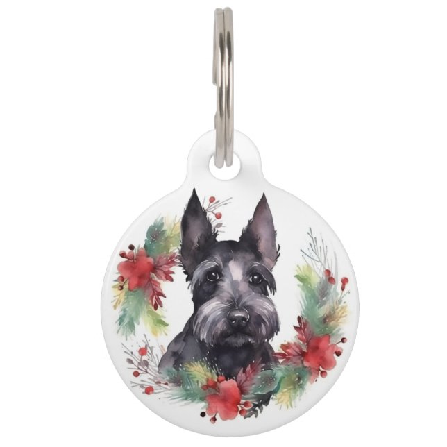 Scottish Terrier Christmas Wreath Festive Pup Haustiermarke (Vorderseite)