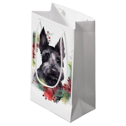Scottish Terrier Christmas Wreath Festive Pup Kleine Geschenktüte (Vorderseite Schrägansicht)