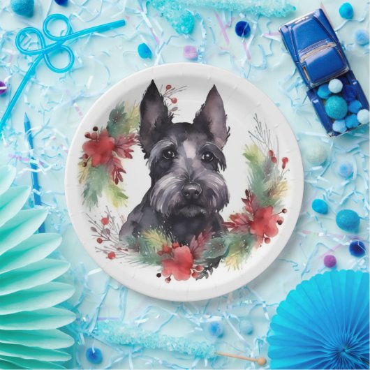Scottish Terrier Christmas Wreath Festive Pup Pappteller (Party)