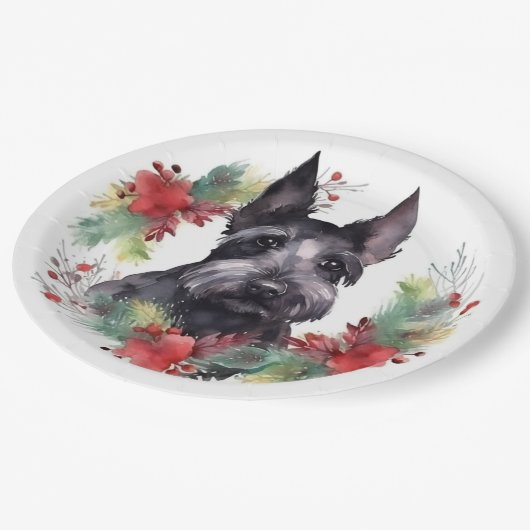 Scottish Terrier Christmas Wreath Festive Pup Pappteller (Schrägansicht)