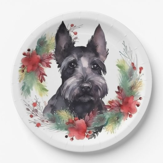 Scottish Terrier Christmas Wreath Festive Pup Pappteller (Vorderseite)