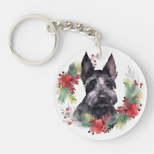 Scottish Terrier Christmas Wreath Festive Pup Schlüsselanhänger (Vorderseite)