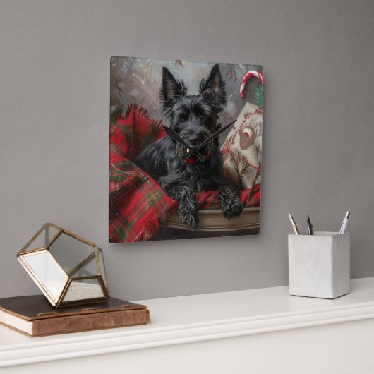 Scottish Terrier Dog Christmas Quadratische Wanduhr (Büro)