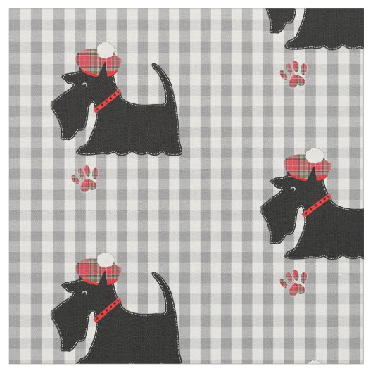 Scottish Terrier Dog Gingham Kariert Niedlich Stoff (Nahaufnahme)