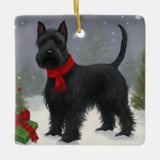 Scottish Terrier Dog in Snow Christmas Keramikornament (Vorderseite)