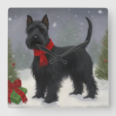 Scottish Terrier Dog in Snow Christmas Quadratische Wanduhr (Vorderseite)