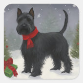 Scottish Terrier Dog in Snow Christmas Quadratischer Aufkleber (Vorderseite)