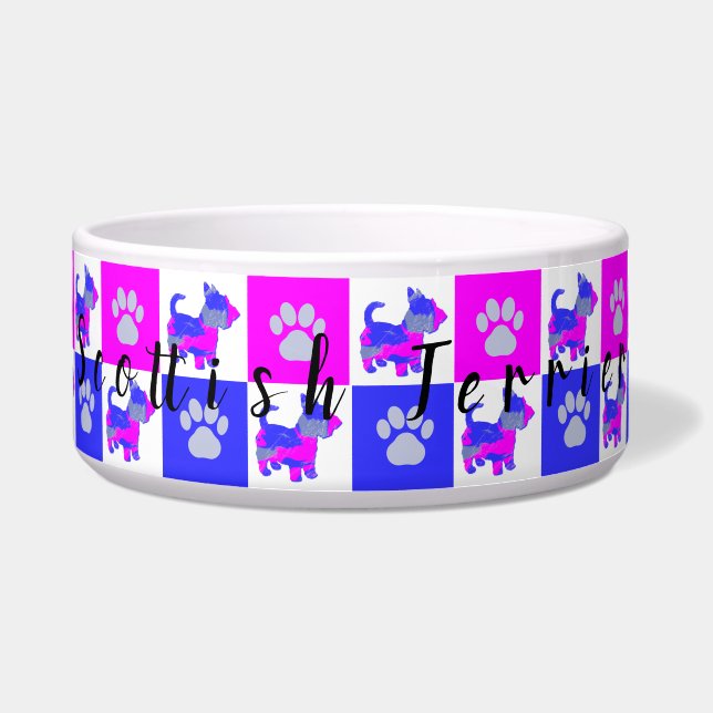 Scottish Terrier Dog & Paw Hot Pink & Blue Pet Bow Napf (Vorderseite)