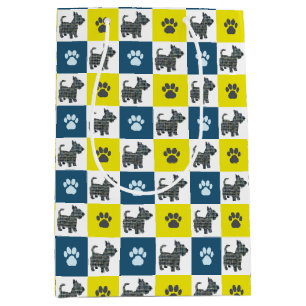 Scottish Terrier Dog & Paw Yellow and Blue Grid Mittlere Geschenktüte
