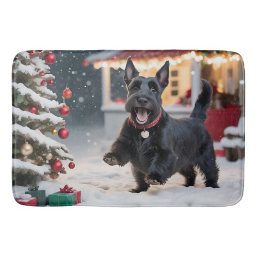 Scottish Terrier Dog Playing Christmas Snow Badematte (Vorderseite)