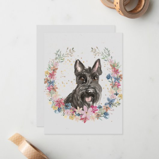 Scottish Terrier Dog Spring Flowers Monogram Mitteilungskarte (Vorderseite/Rückseite Beispiel)