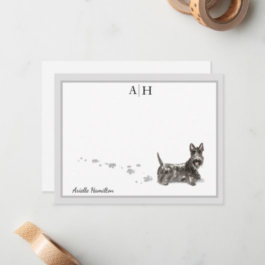 Scottish Terrier Gray Border Monogram personalize Mitteilungskarte (Vorderseite/Rückseite Beispiel)