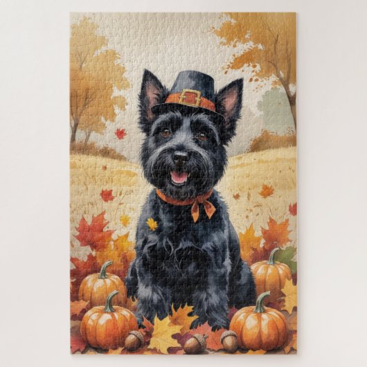 Scottish Terrier im Herbst hinterlässt Erntedank A Puzzle (Vertikal)