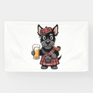 Scottish Terrier in Tartan Kilt mit Bier und Pipe Banner