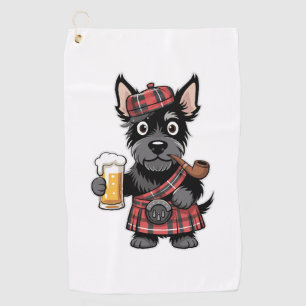 Scottish Terrier in Tartan Kilt mit Bier und Pipe Golfhandtuch