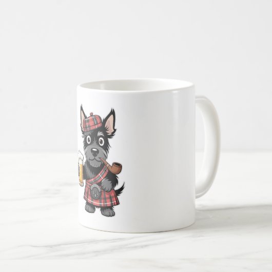 Scottish Terrier in Tartan Kilt mit Bier und Pipe Kaffeetasse (VorderseiteRechts)
