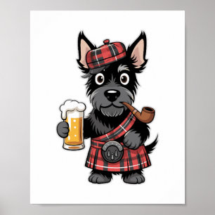 Scottish Terrier in Tartan Kilt mit Bier und Pipe Poster