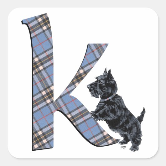 Scottish Terrier Monogram K Quadratischer Aufkleber (Vorderseite)